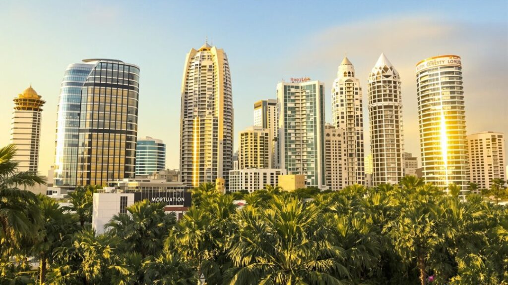 Florida skyscrapers and palm trees under a sunny sky.