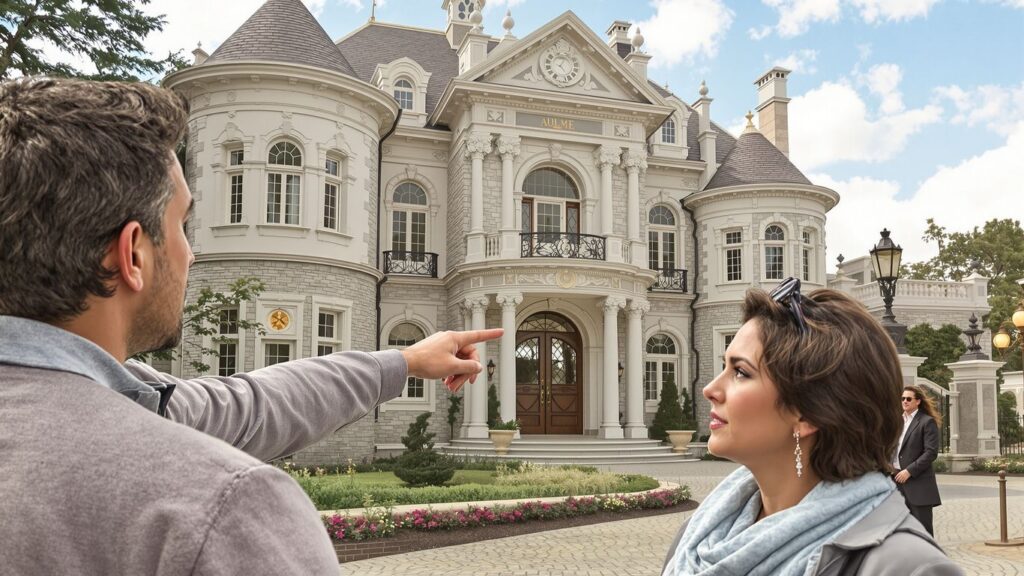 Couple near a large house, one pointing, the other looking concerned.