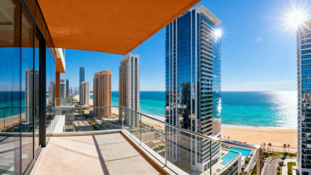 Luxury towers rise over Pompano Beach coastline.