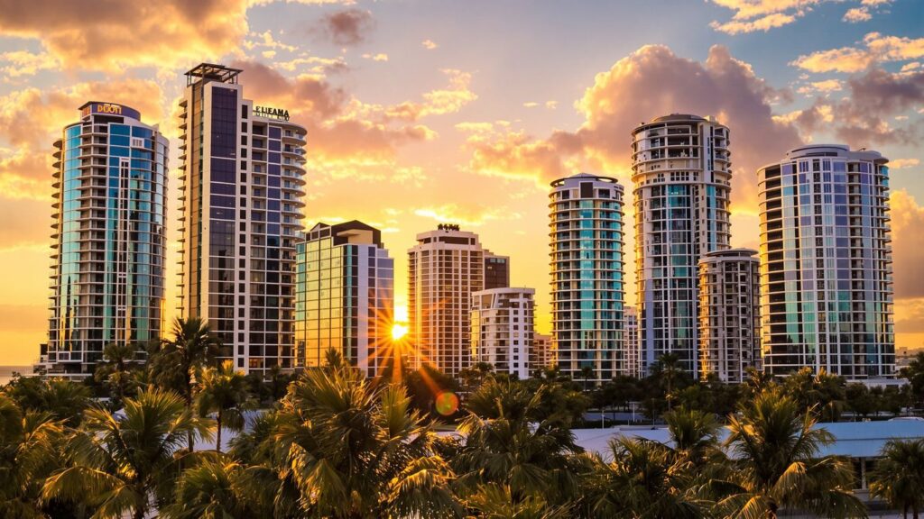 South Florida skyline with palm trees at sunset.