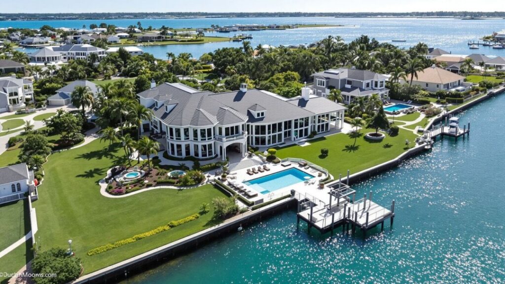 Luxurious waterfront mansion with pool and private dock.