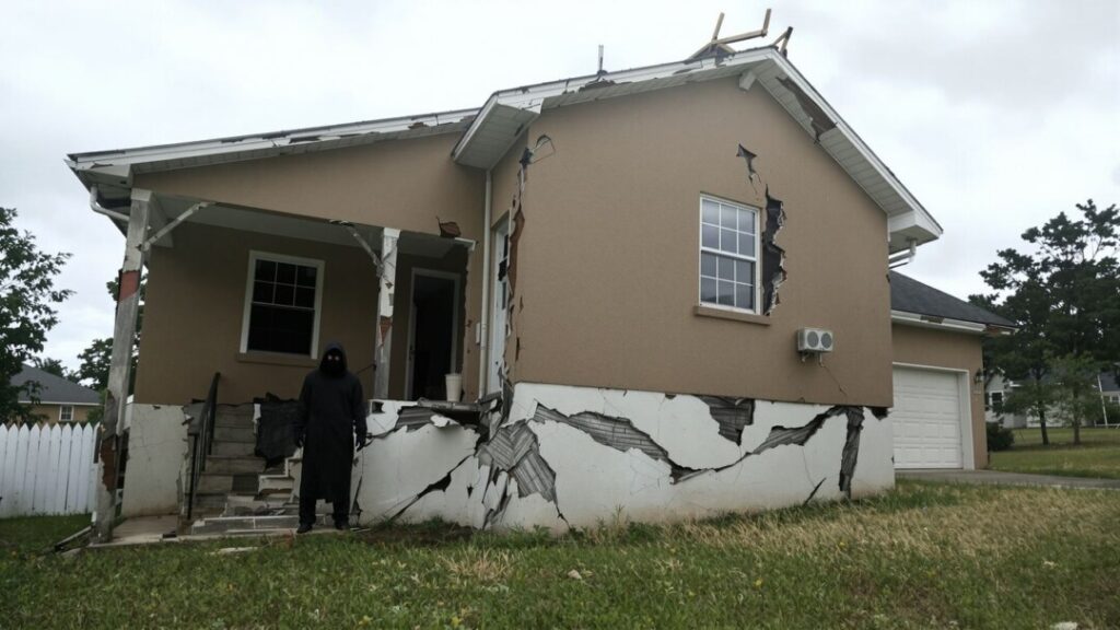 Florida home with shadowy figure and cracked foundation.