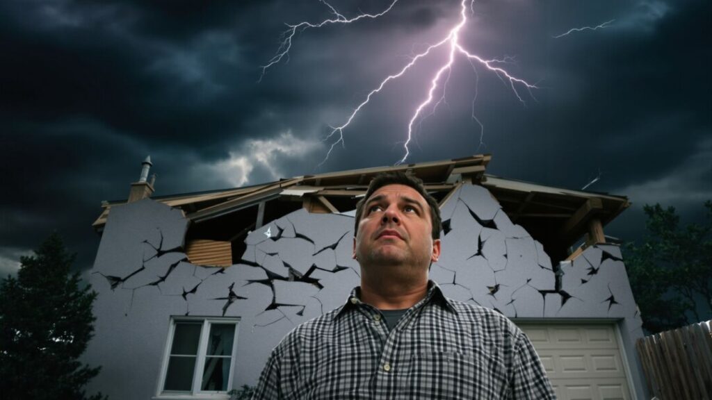 Damaged house under stormy sky, symbolizing high insurance costs.