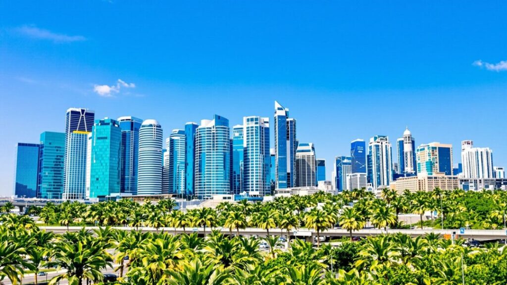 Florida skyscrapers and busy highway under sunny sky.