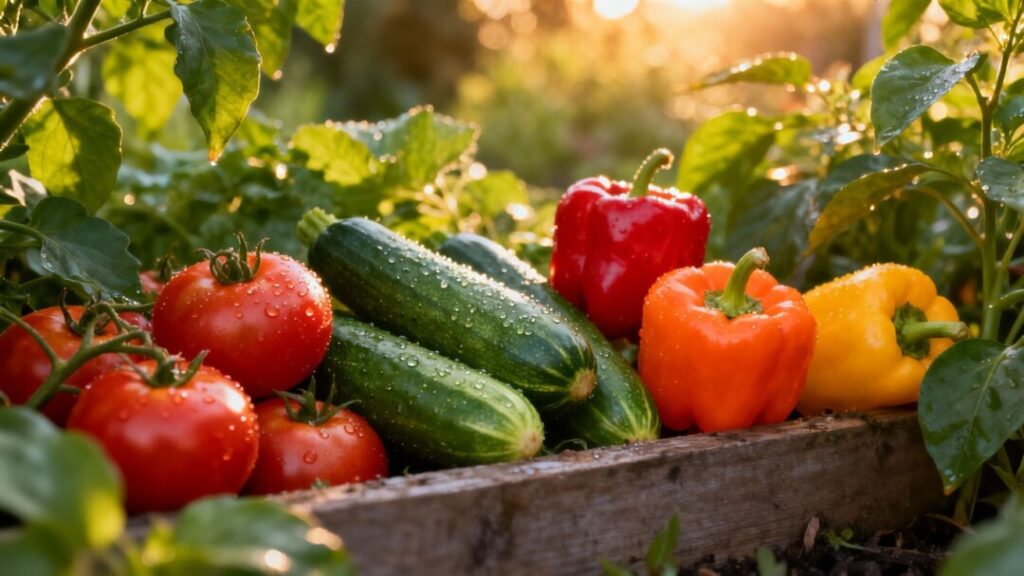 Abundant late summer garden harvest with ripe vegetables.