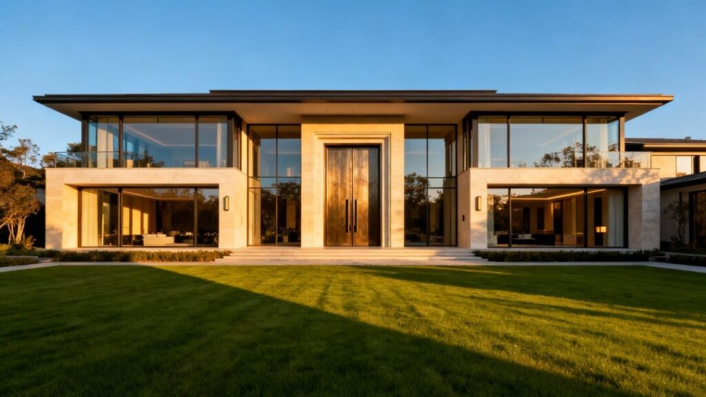 Luxury mansion with green lawn and blue sky.