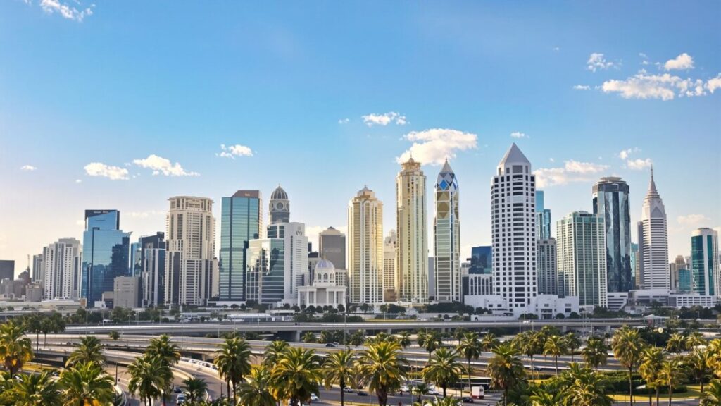 Florida skyscrapers and busy highway under bright sun.