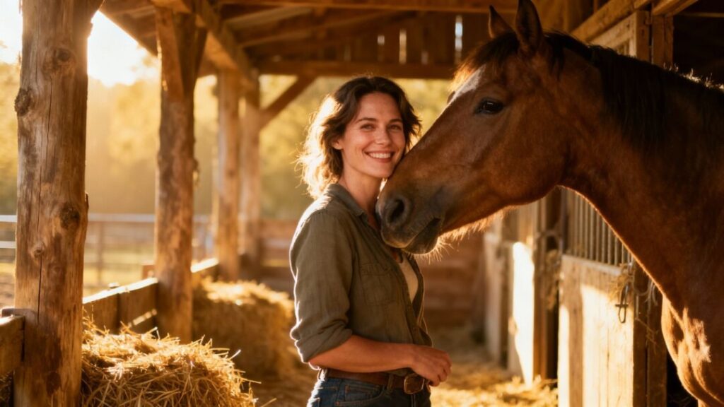 Beckie Cantrell with a horse in a stable.