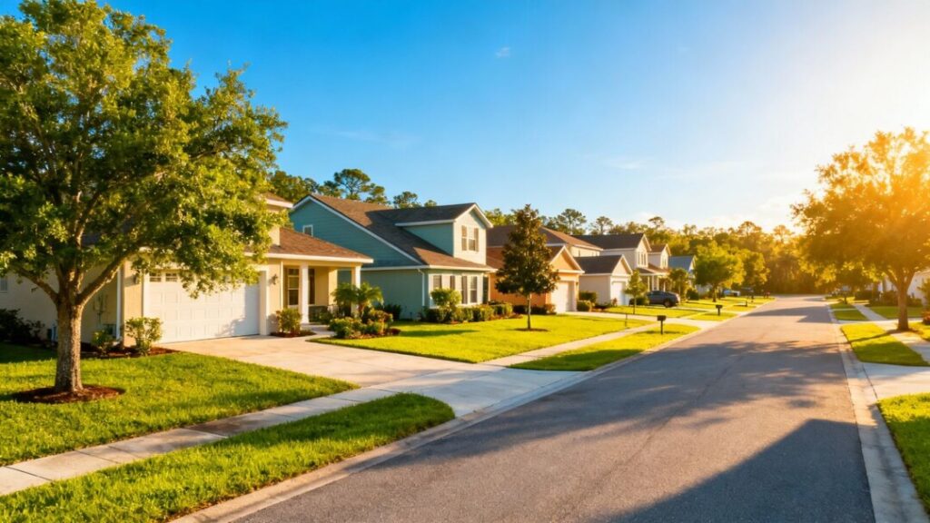 Central Florida homes with green lawns and trees.