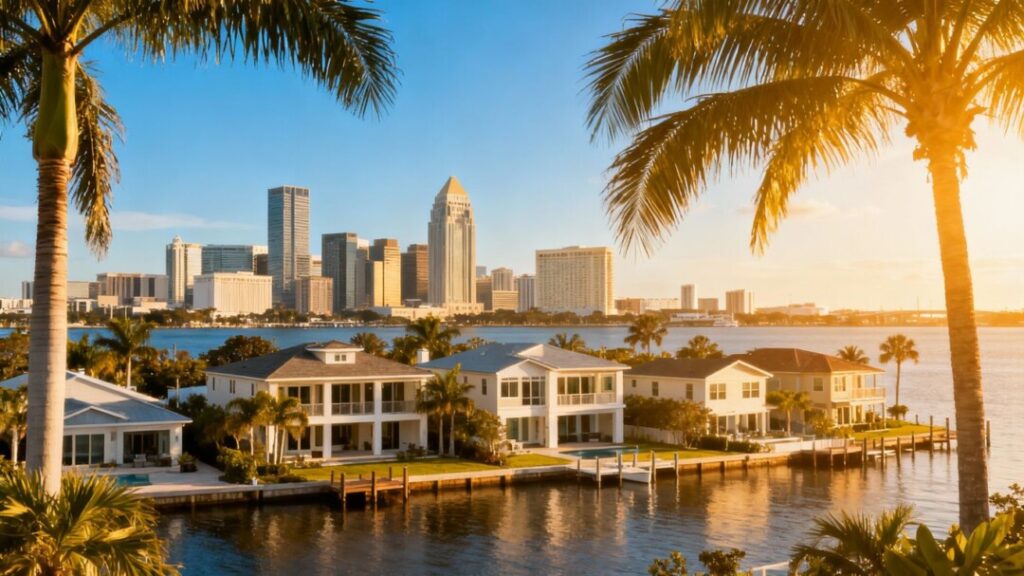 Tampa skyline with waterfront homes and palm trees.