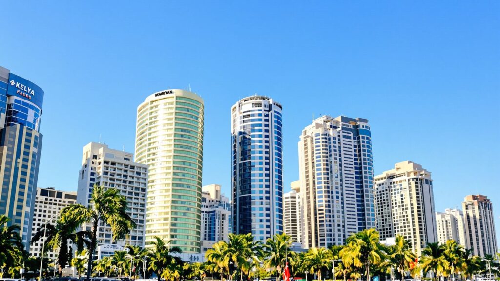 Florida skyscrapers under a sunny sky with palm trees.