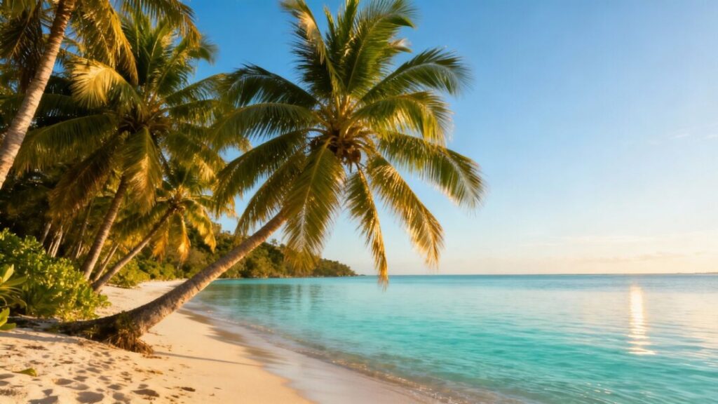 Peaceful Florida coast with palm trees and calm water.