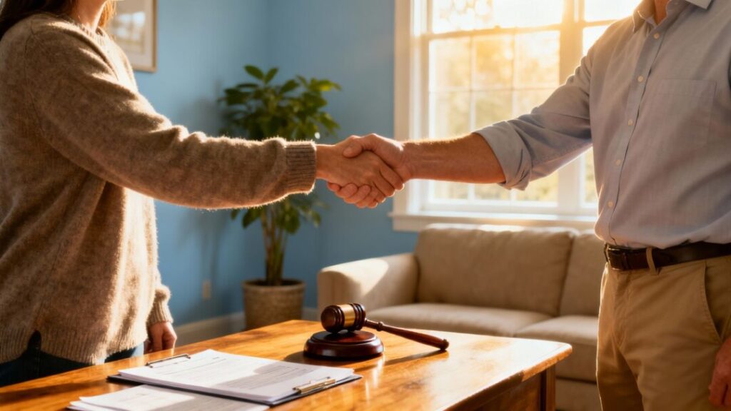 Landlord and tenant shaking hands, gavel nearby.
