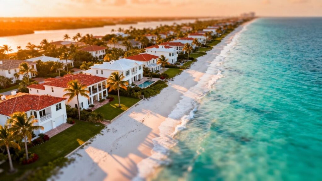 Florida waterfront homes with palm trees and ocean.