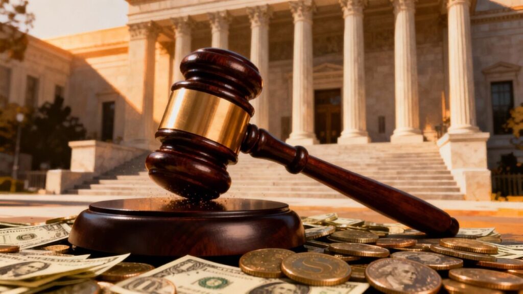 Gavel striking money near courthouse
