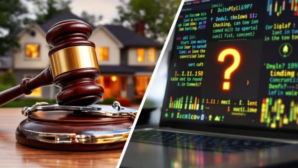 Gavel, handcuffs, house, computer screen with code, question mark.