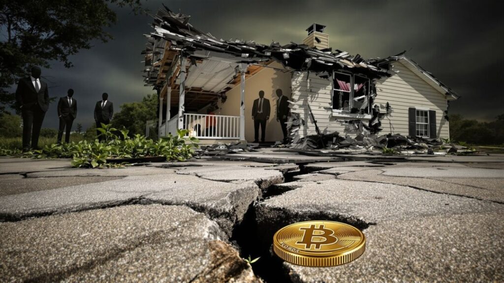 Florida home with cracked foundation, shadowy figures, tarnished gold coin.