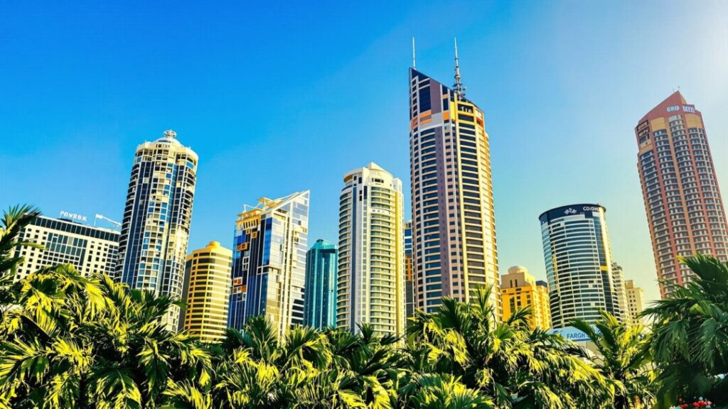 Florida cityscape with skyscrapers and palm trees under a sunny sky.