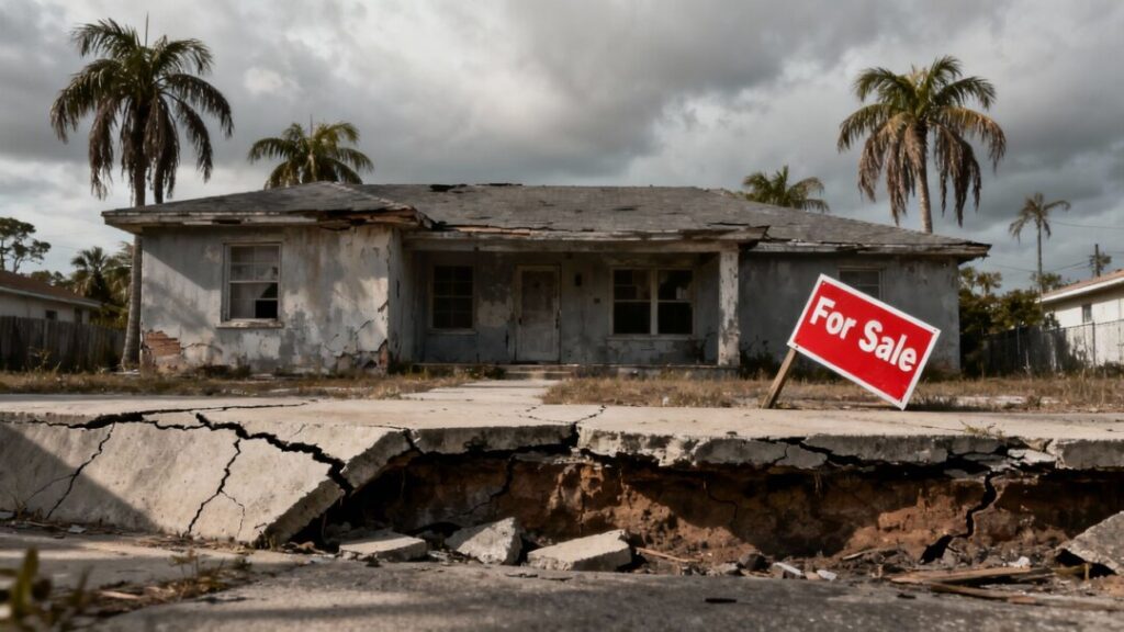 Florida house with cracked foundation, drooping palm trees.