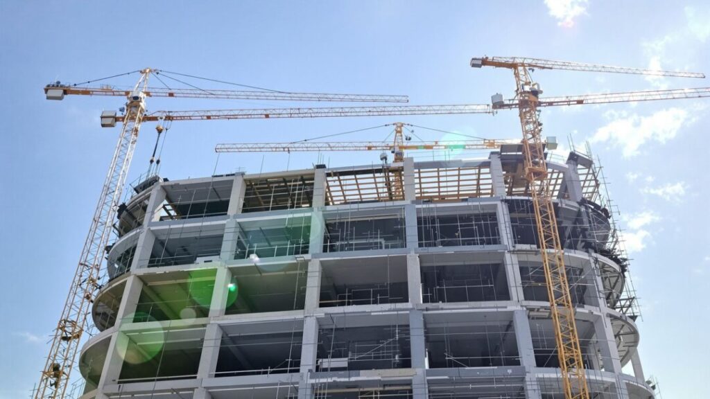 Building construction progress in a sunny urban setting.