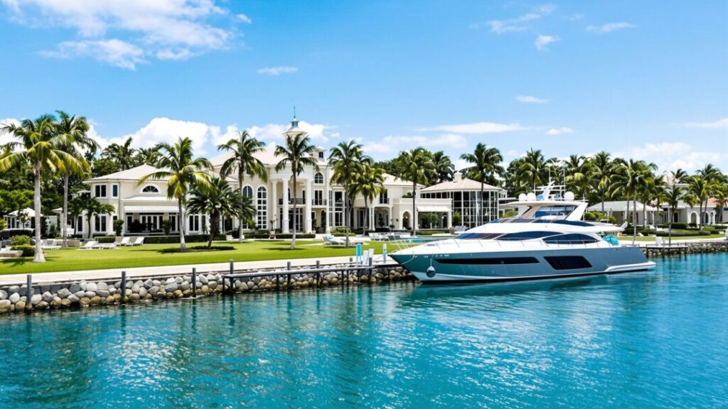 Larry Ellison's Florida mansion with yacht on sunny day.