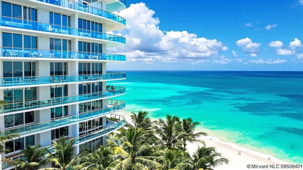 Luxury condo building on sunny beach with ocean views.