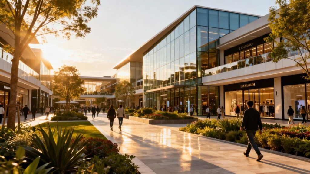Upscale mall exterior with modern architecture and landscaping.