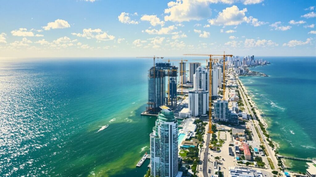 Florida coast with new buildings and construction cranes.
