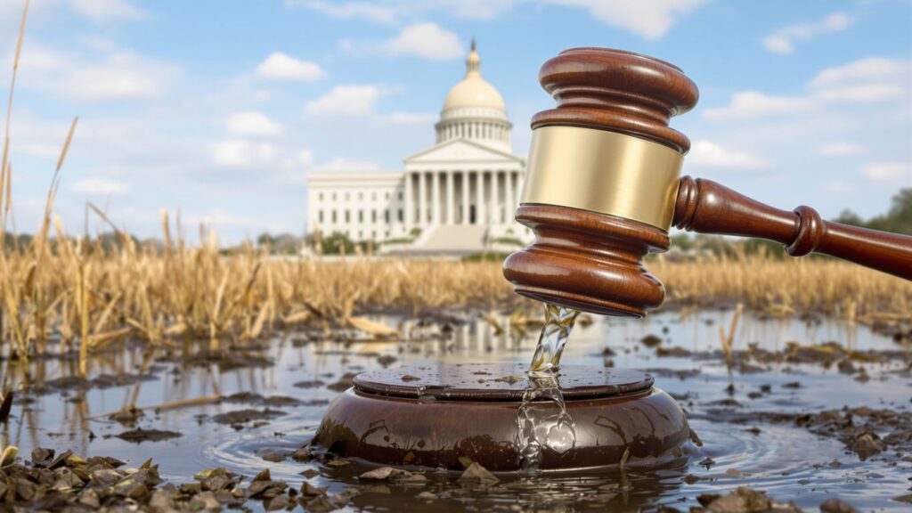 Gavel striking marshland near courthouse dome.
