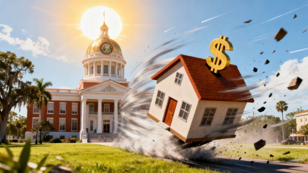 Florida capitol building with house being lifted by wind.
