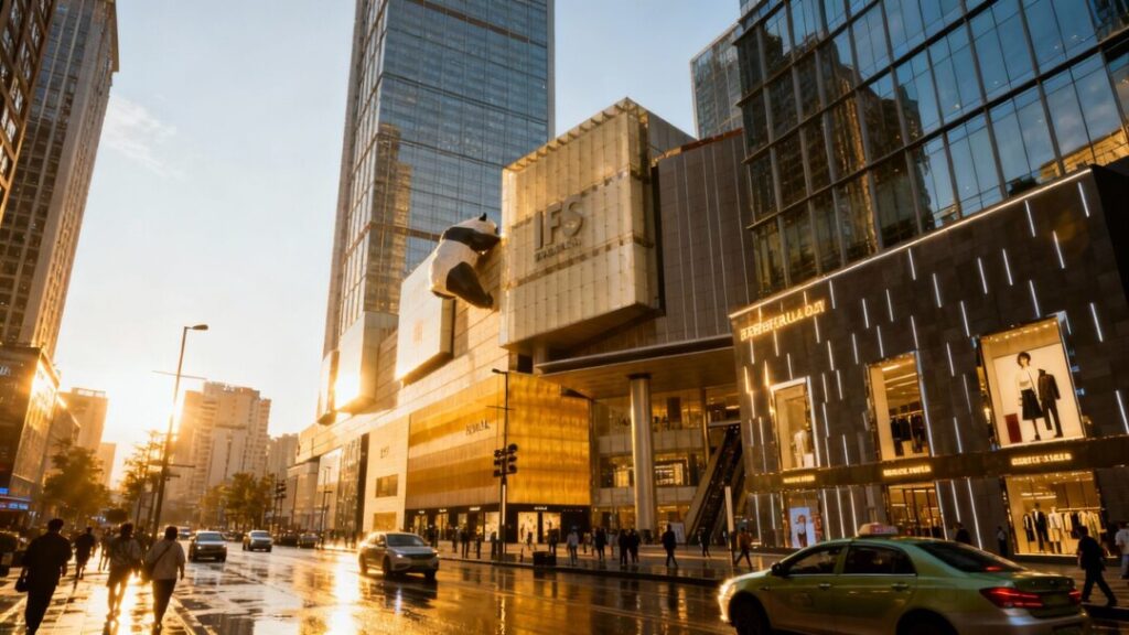 Modern cityscape with retail buildings and sunlight.