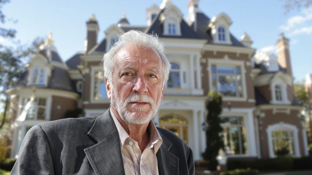Elderly man in suit near large house.