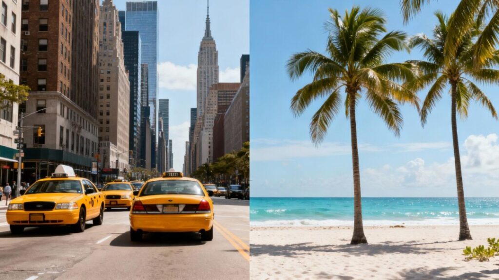 New York skyline meets sunny Florida beach.