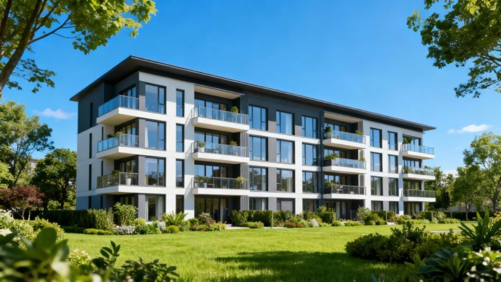Luxury apartment building exterior with landscaping.