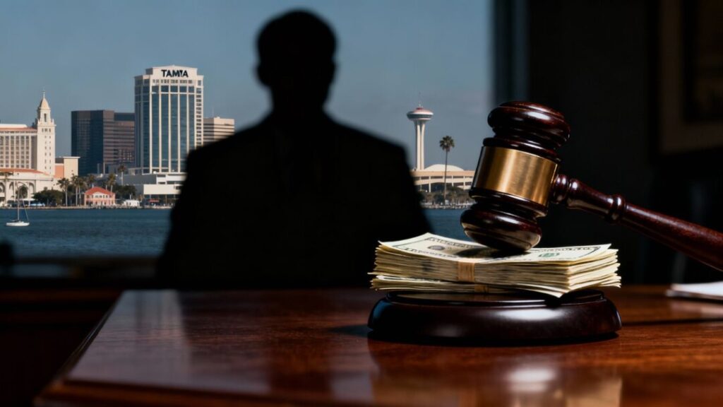 Gavel, money, shadowy figure, Tampa skyline.
