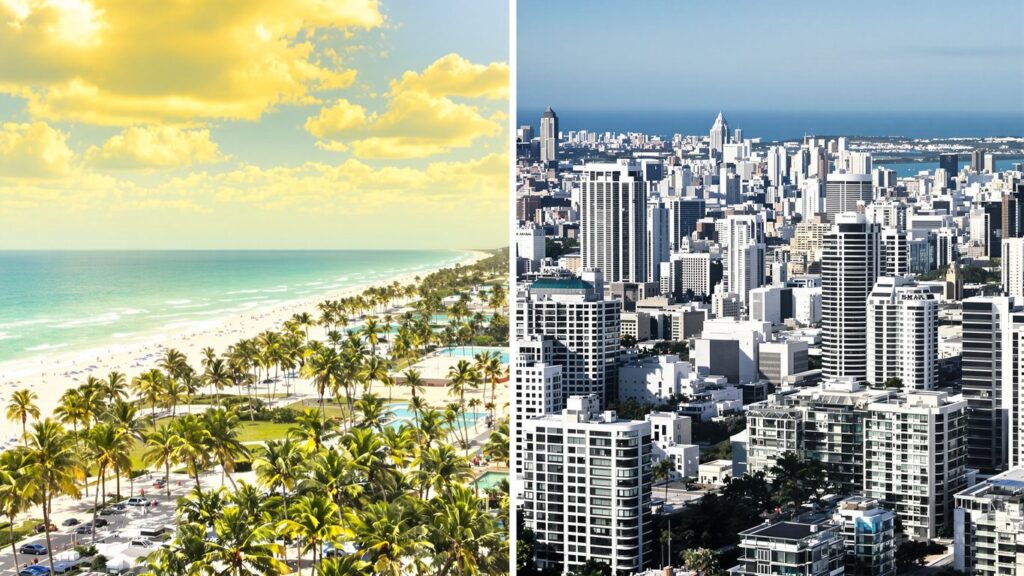 Florida coast and California city skyline