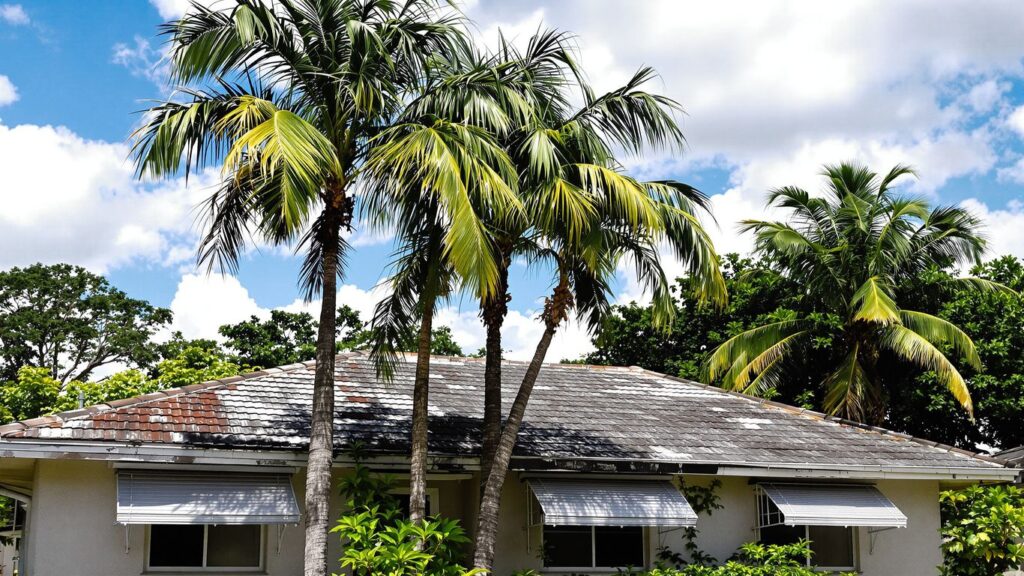 Aging Florida house with palm trees and bright sky