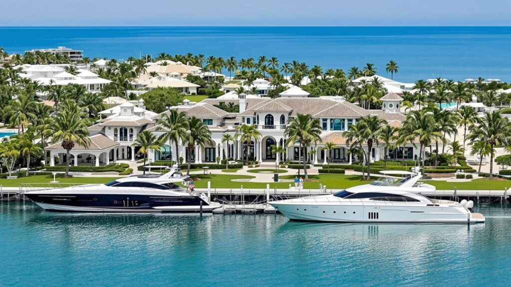 Larry Ellison's Florida mansion with yacht on sunny day.