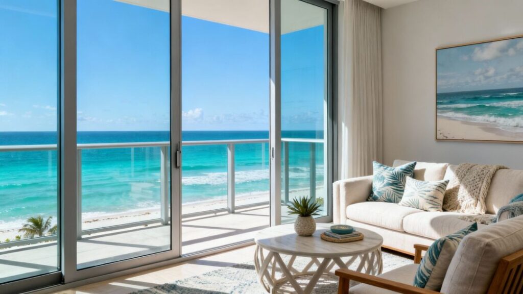 Luxury oceanfront condo balcony overlooking the sea.
