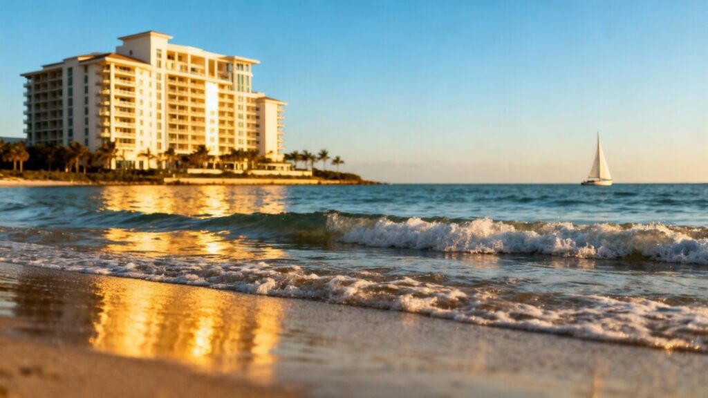 Florida coast with luxury condos and ocean.