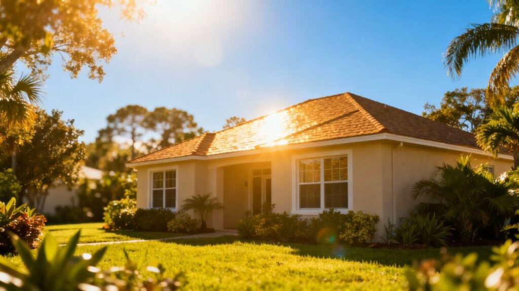 Florida home with green lawn and blue sky.
