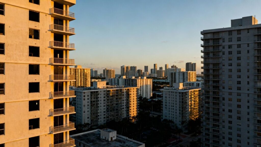 Miami skyline with many vacant apartment buildings.