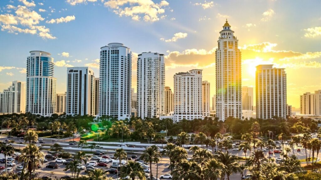 Miami skyline with busy highway and palm trees.