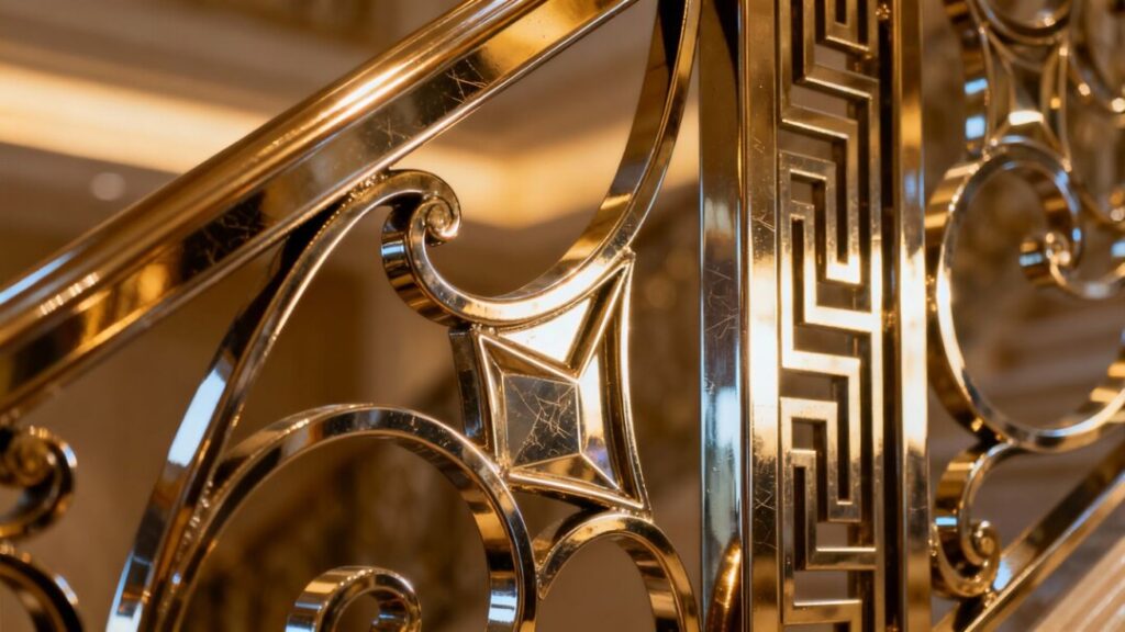 Custom metal railings with intricate, luxurious design.