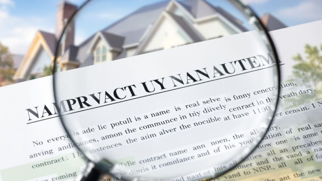 Magnifying glass over real estate contract details.