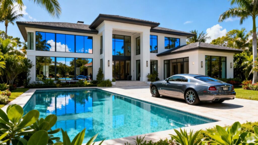 Luxury Florida mansion with pool and car.
