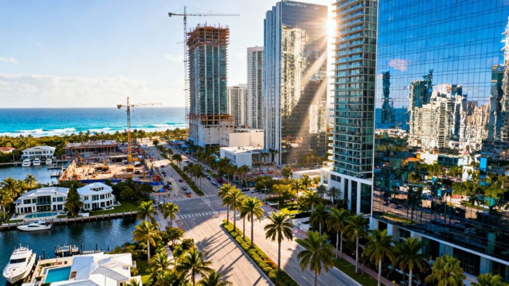 South Florida skyline with skyscrapers and ocean.