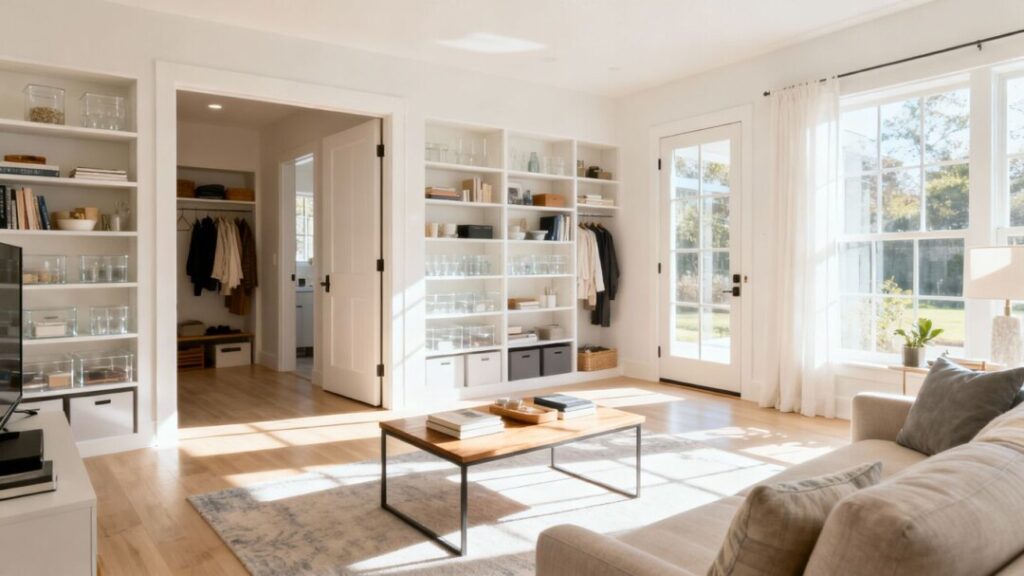 Clean and organized living room ready for a home sale.