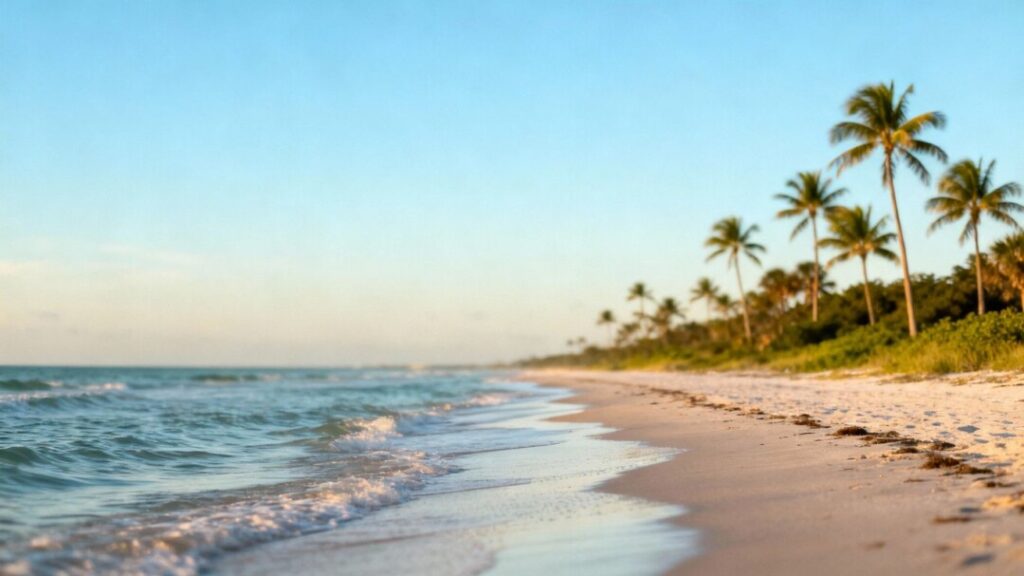 Florida beach with calm waves and palm trees.