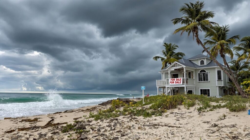 Stormy beach house with a sale sign.